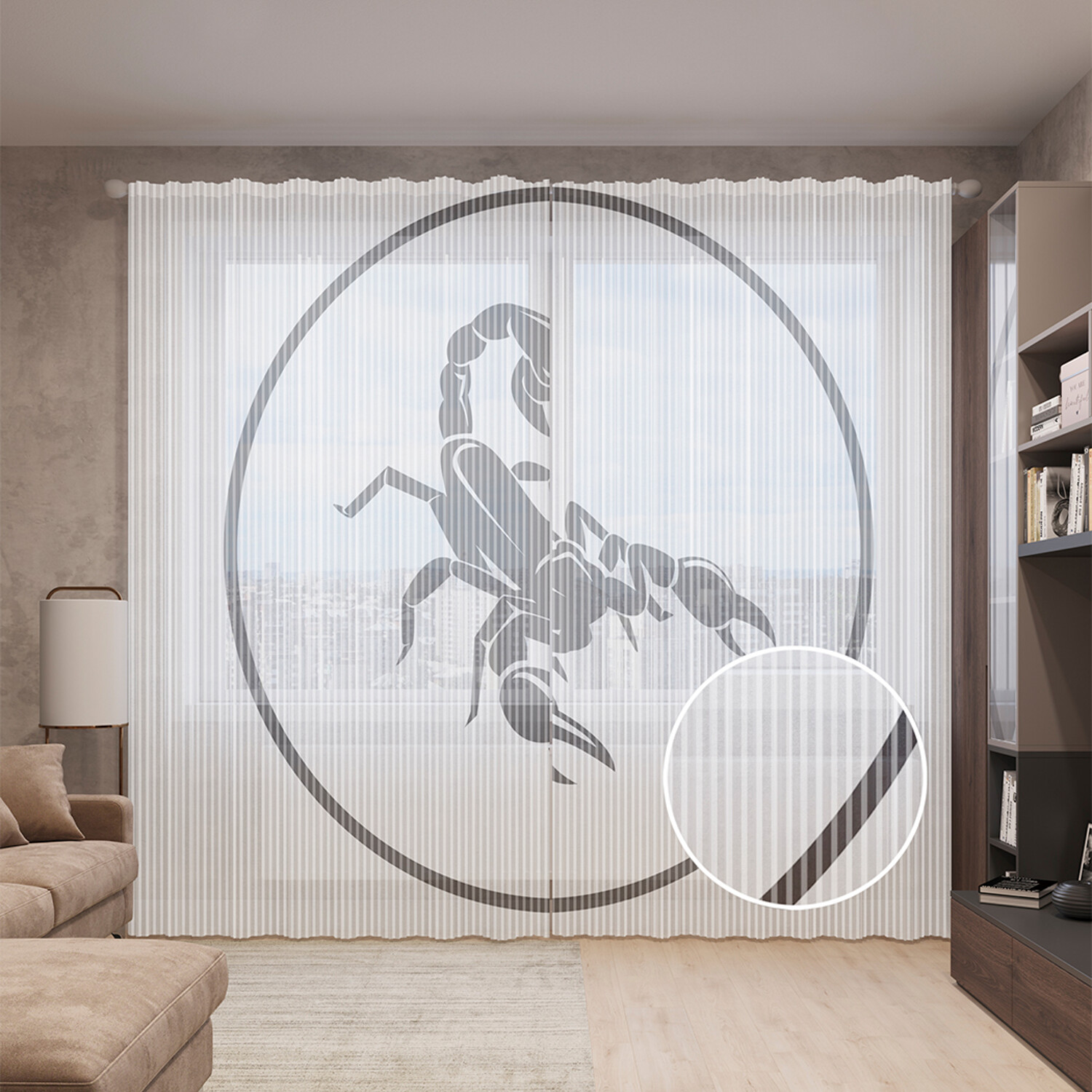 фото Тюль вуаль на шторной ленте с принтом joyarty "скорпион в кругу", 310х265 см