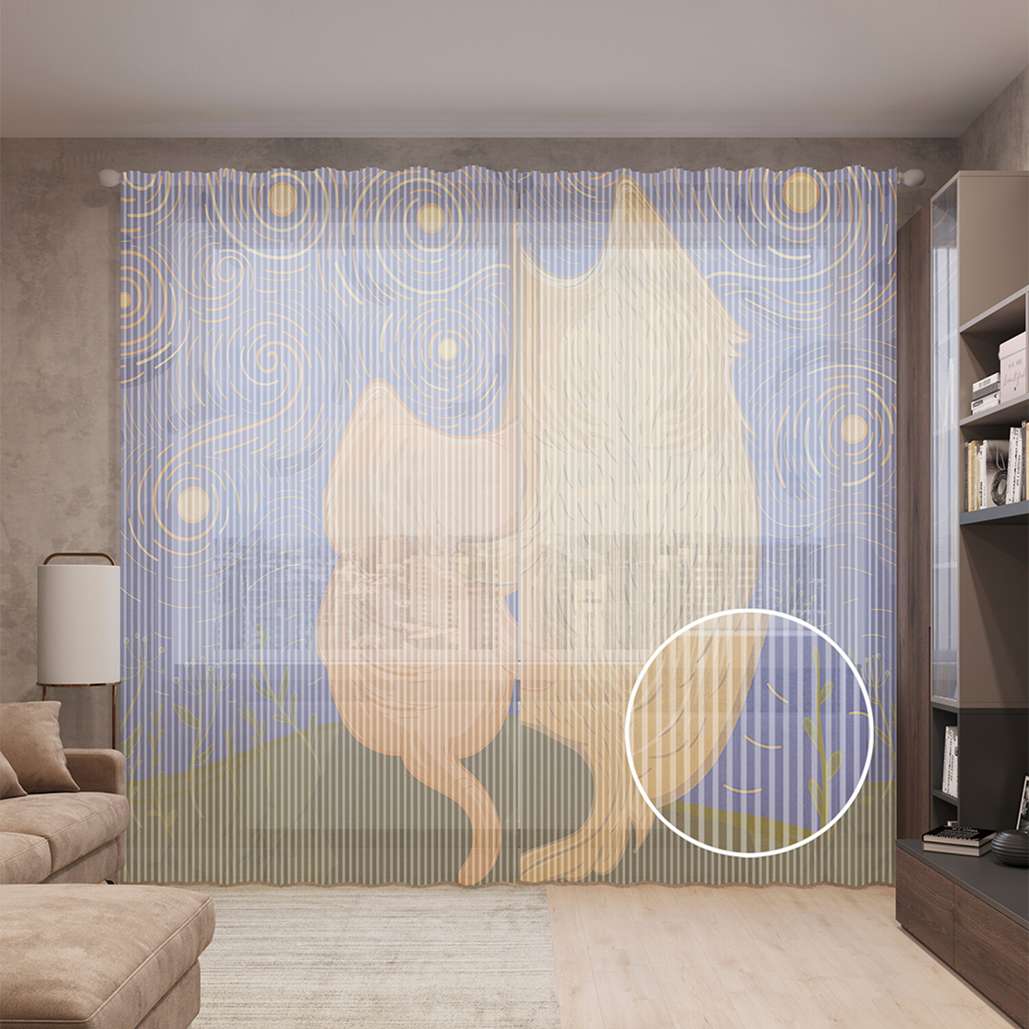 

Тюль вуаль на шторной ленте с принтом JoyArty "В обнимку под луной", 310х265 см, В обнимку под луной