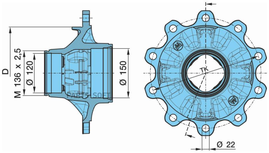 BPW 0327243232 03.272.43.23.2 ступица без подшипника 280.8 M136x2.5 420x180 EcoPlus/9T