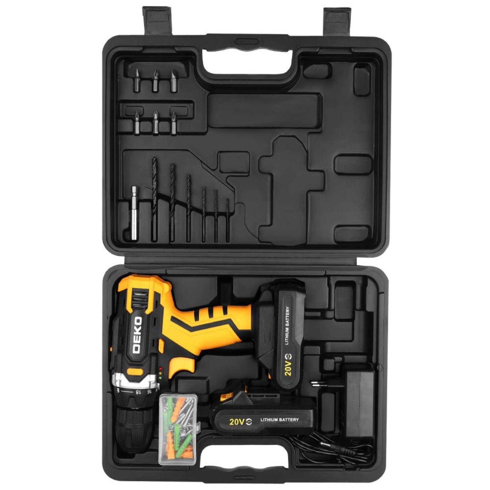 Дрель-шуруповерт DEKO Banger 20V 20 В 2х15 Ач кейс набор инструментов 63 предмета 1147500₽