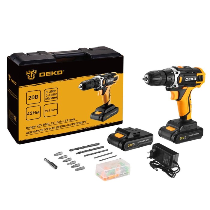 

Дрель-шуруповерт DEKO Banger 20V, 20 В, 2х1.5 Ач, кейс + набор инструментов 63 предмета