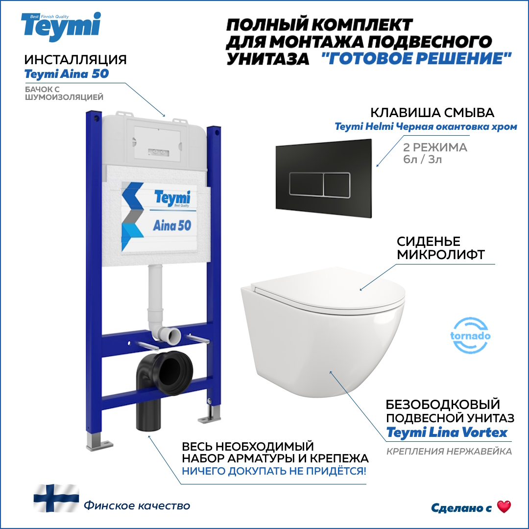 Инсталляция с унитазом комплект 5 в 1 Teymi унитаз подвесной кнопка черная хром F13498 33750₽