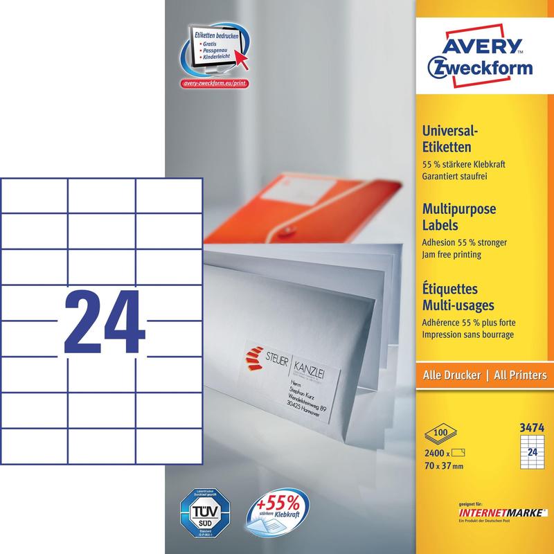 

Этикетки Avery Zweckform 3260 белые 70x37 мм 24 штуки на листе A4 100 листов, Белый, Avery Zweckform