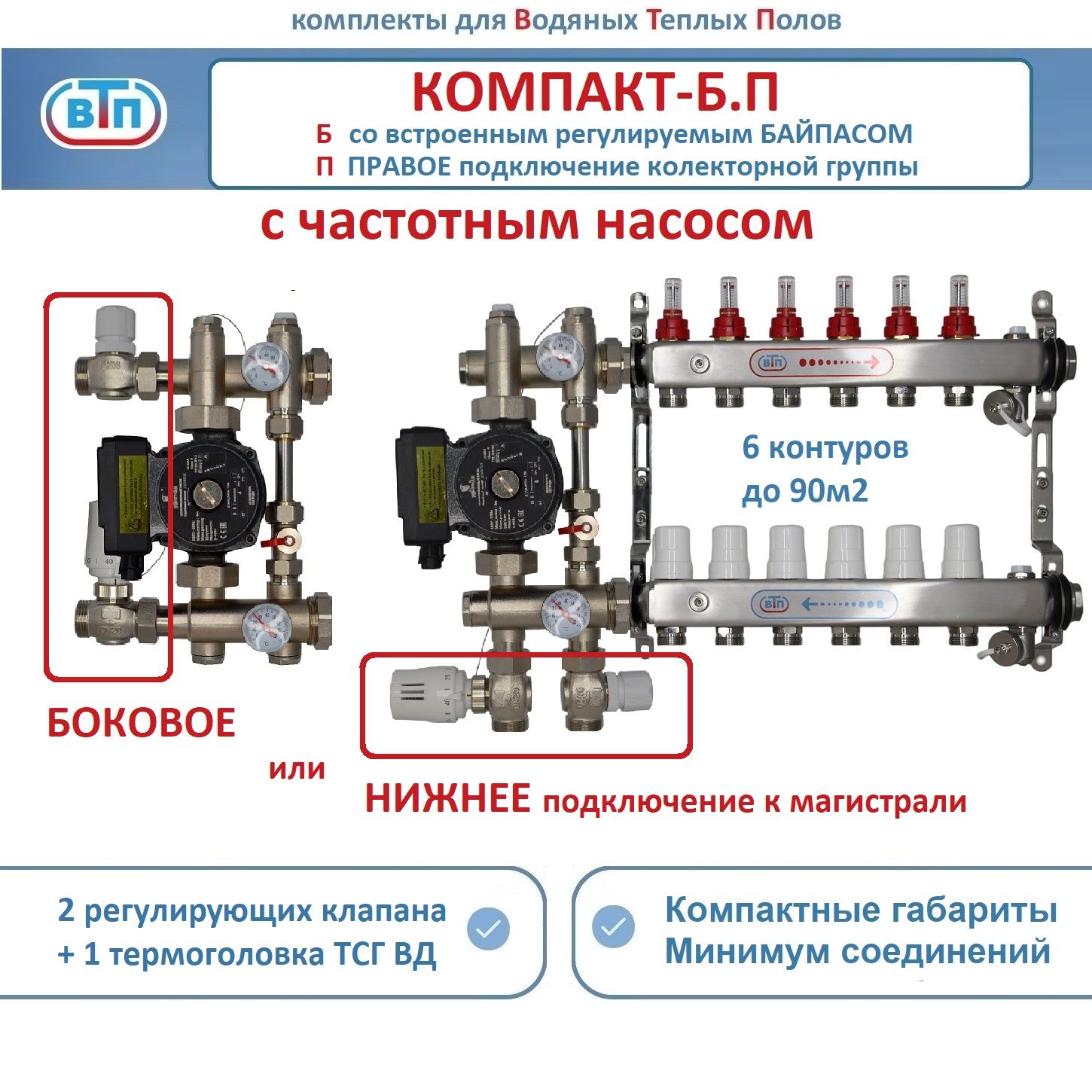 Коллекторы теплого пола ВТП КОМПАКТ-Б.П (с байпасом) 6 контуров справа, НСУ +частотн насос