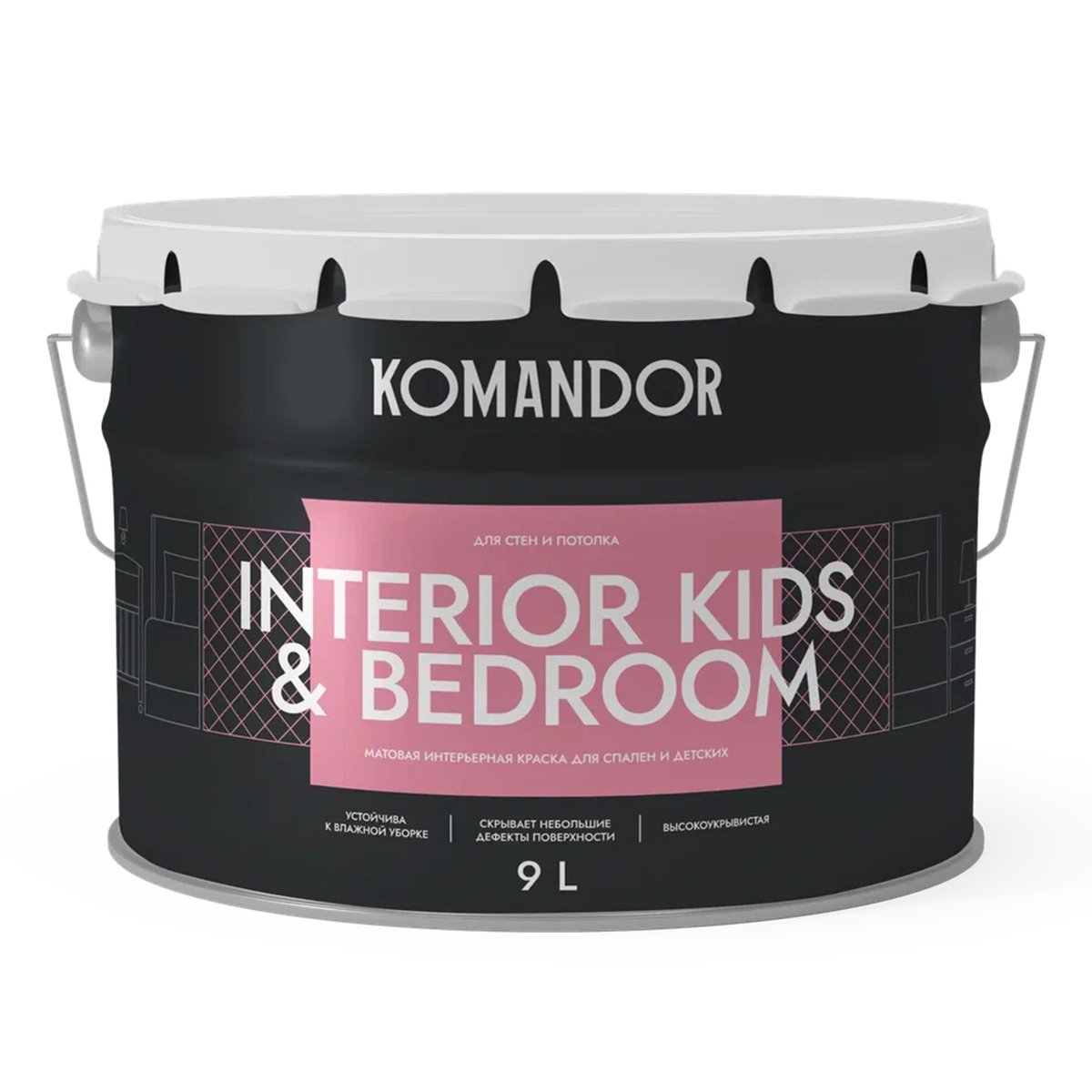 фото Краска для детских и спален komandor interior kids&bedroom матовая база а белая 9 л командор