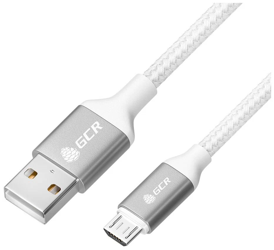 

Кабель 1.5m MicroUSB GCR QC, быстрая зарядка, белый нейлон, AL корпус серебро, белый ПВХ
