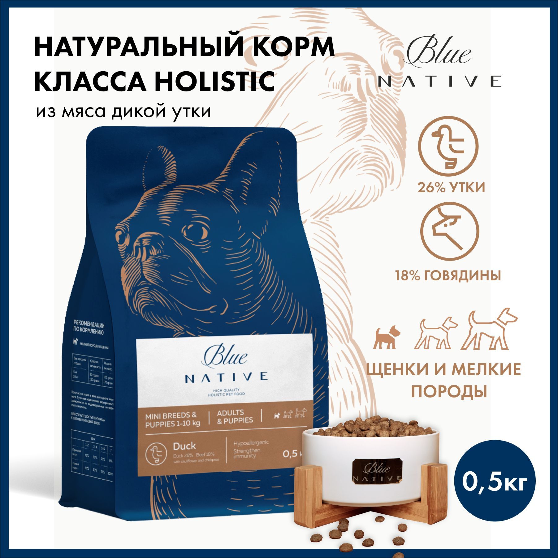 Корм сухой для собак Blue Native Holistic Duck говядина, цветная капуста, горох, 500 г