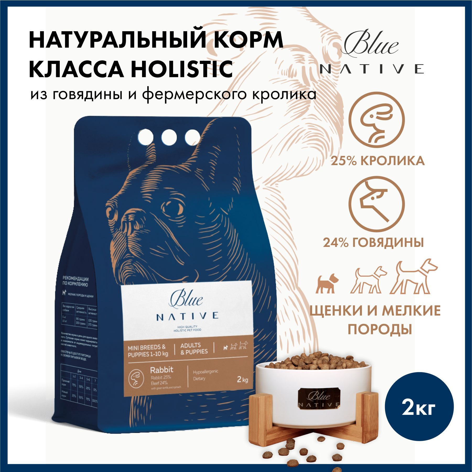 Корм сухой для собак Blue Native Holistic кролик, говядина, зеленая чечевица, шпинат, 2кг