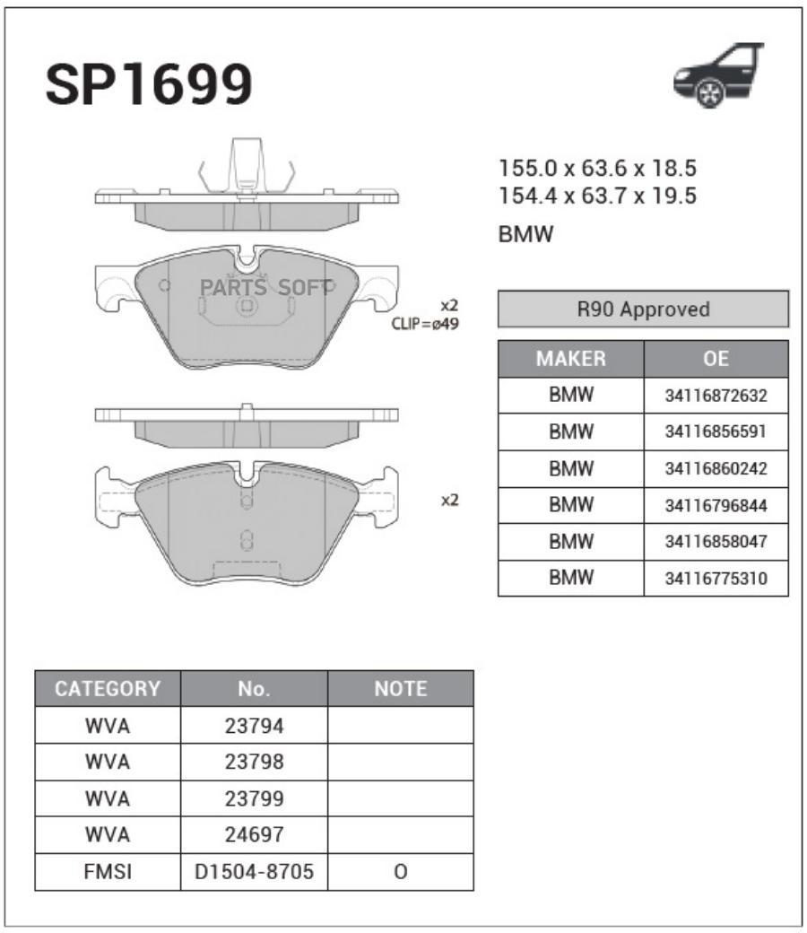 

Тормозные колодки Sangsin brake дисковые SP1699, SP1699