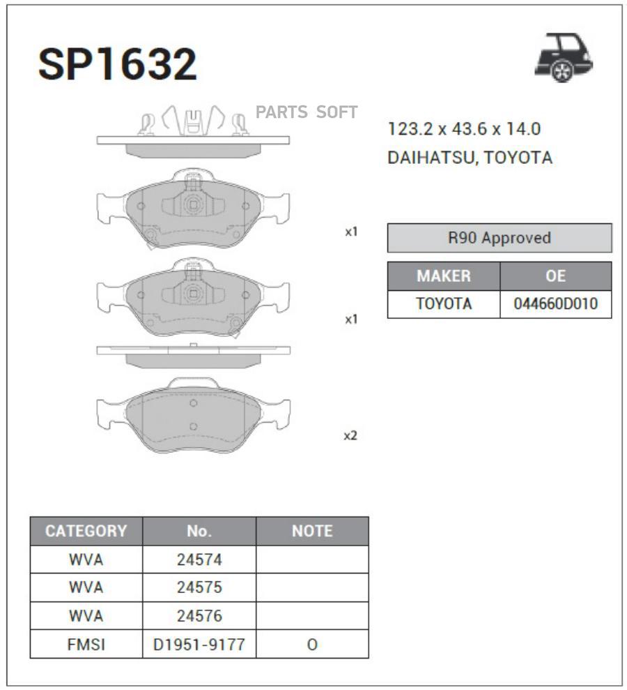 

Колодки задние TOYOTA YARIS (P9/P13) SP1632 SANGSIN, SP1632