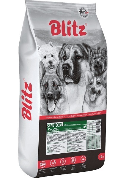 Blitz Sensitive Adult Senior 15 кг сухой корм для взрослых собак всех пород старше 7 лет