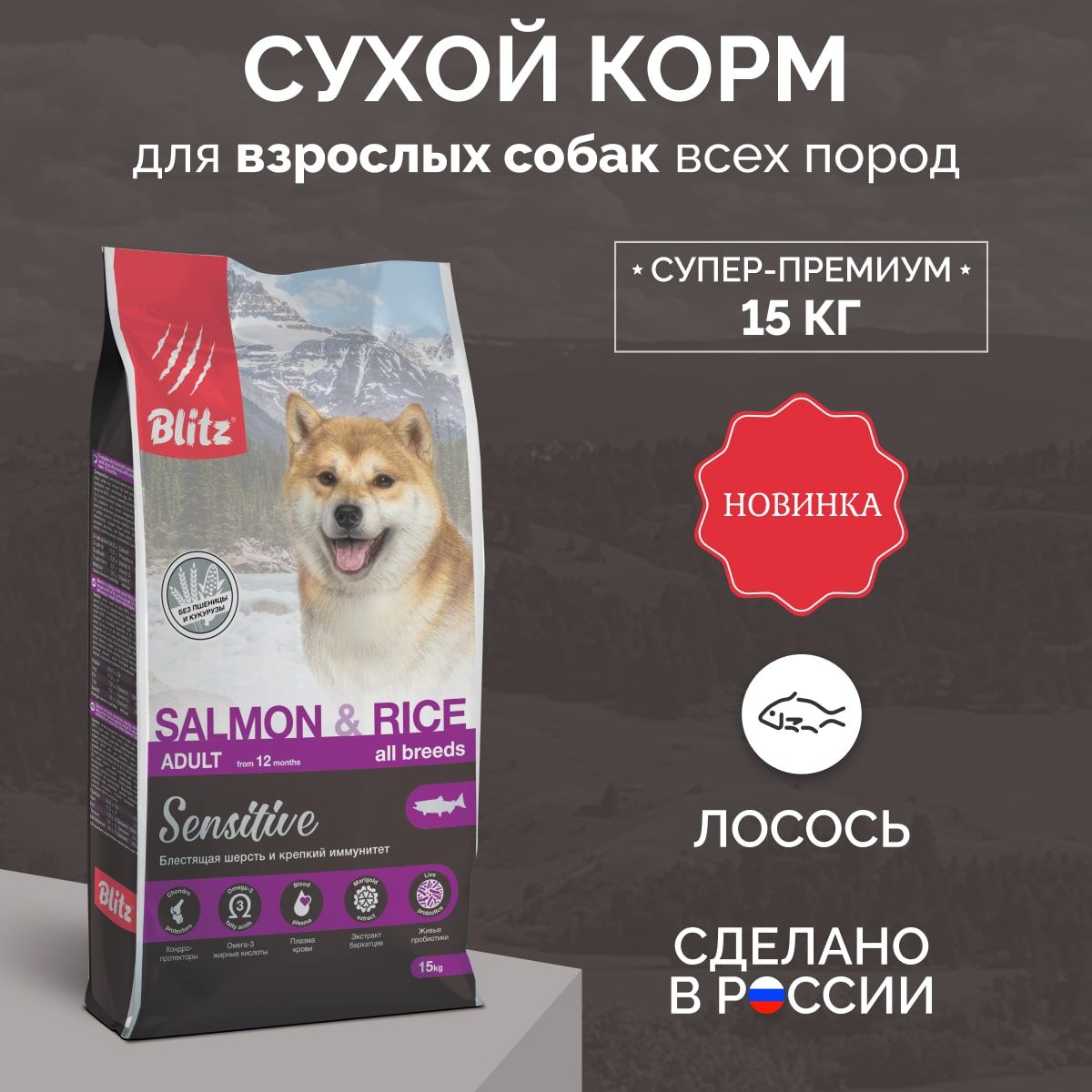 Blitz Adult Dog Salmon & Rice - сухой корм для взрослых собак с лососем и рисом, 15кг