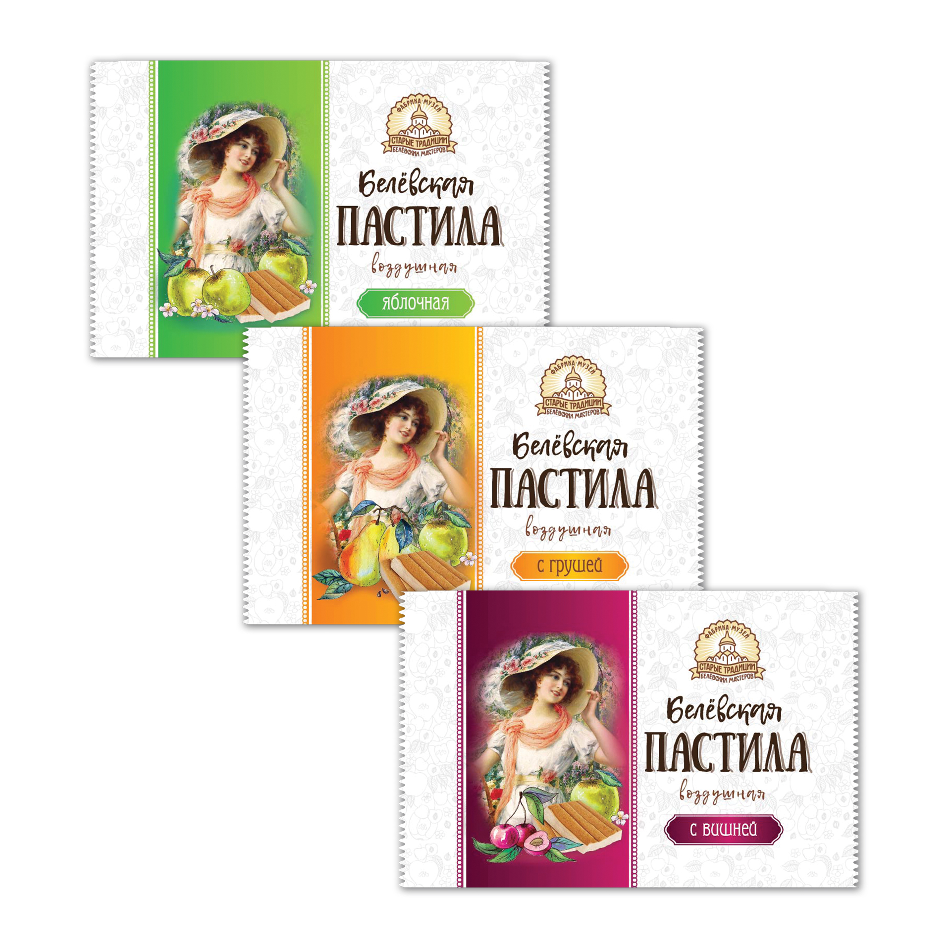 

Белевская пастила яблочная. Ассорти вкусов- груша, яблоко, вишня 12 шт*35гр