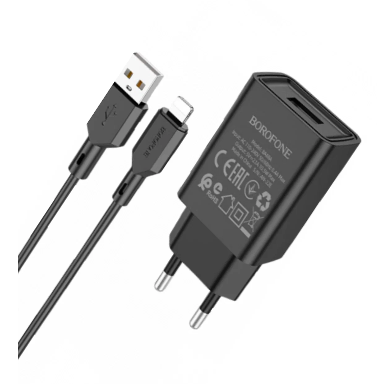 

Сетевое зарядное устройство c USB Borofone, BA68A,+Lightning, черное, 2.1A
