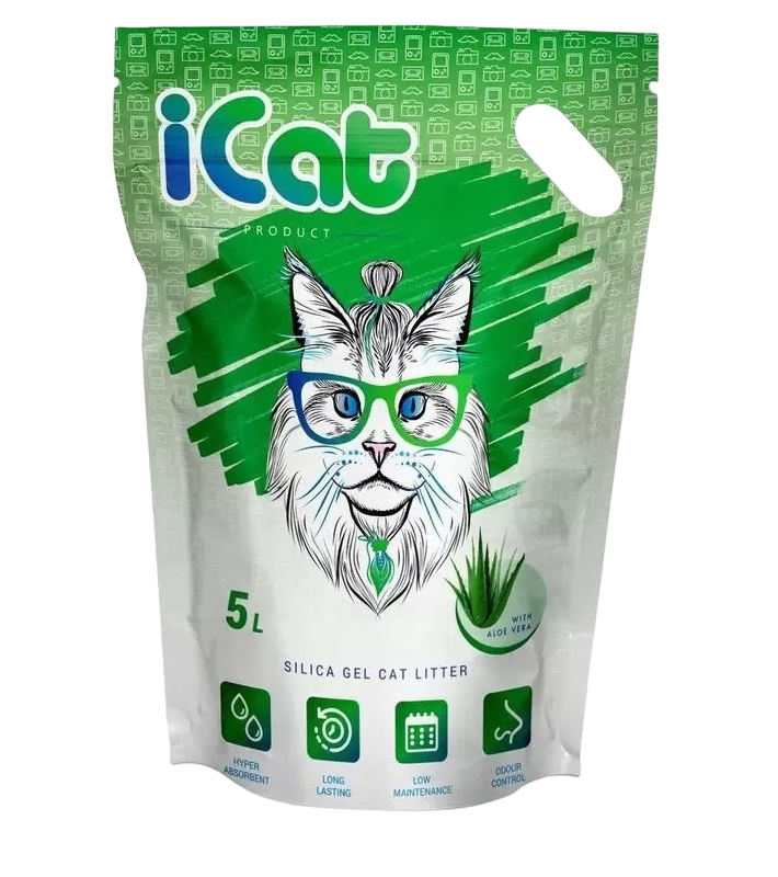 Впитывающий наполнитель для кошек iCAT силикагелевый, алоэ вера, 2.1 кг, 5 л