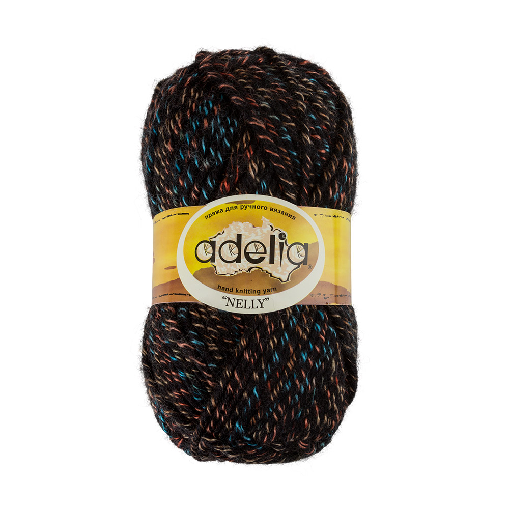 

Adelia Nelly, шерсть, акрил, 5х100 г, 100 м, цвет 19 черный-голубой-оранжевый