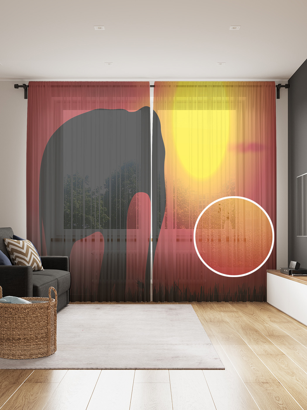 

Фототюль JoyArty "Громадный слон на закате", 145x265см, 2 полотна, лента, 50 крючков, Громадный слон на закате