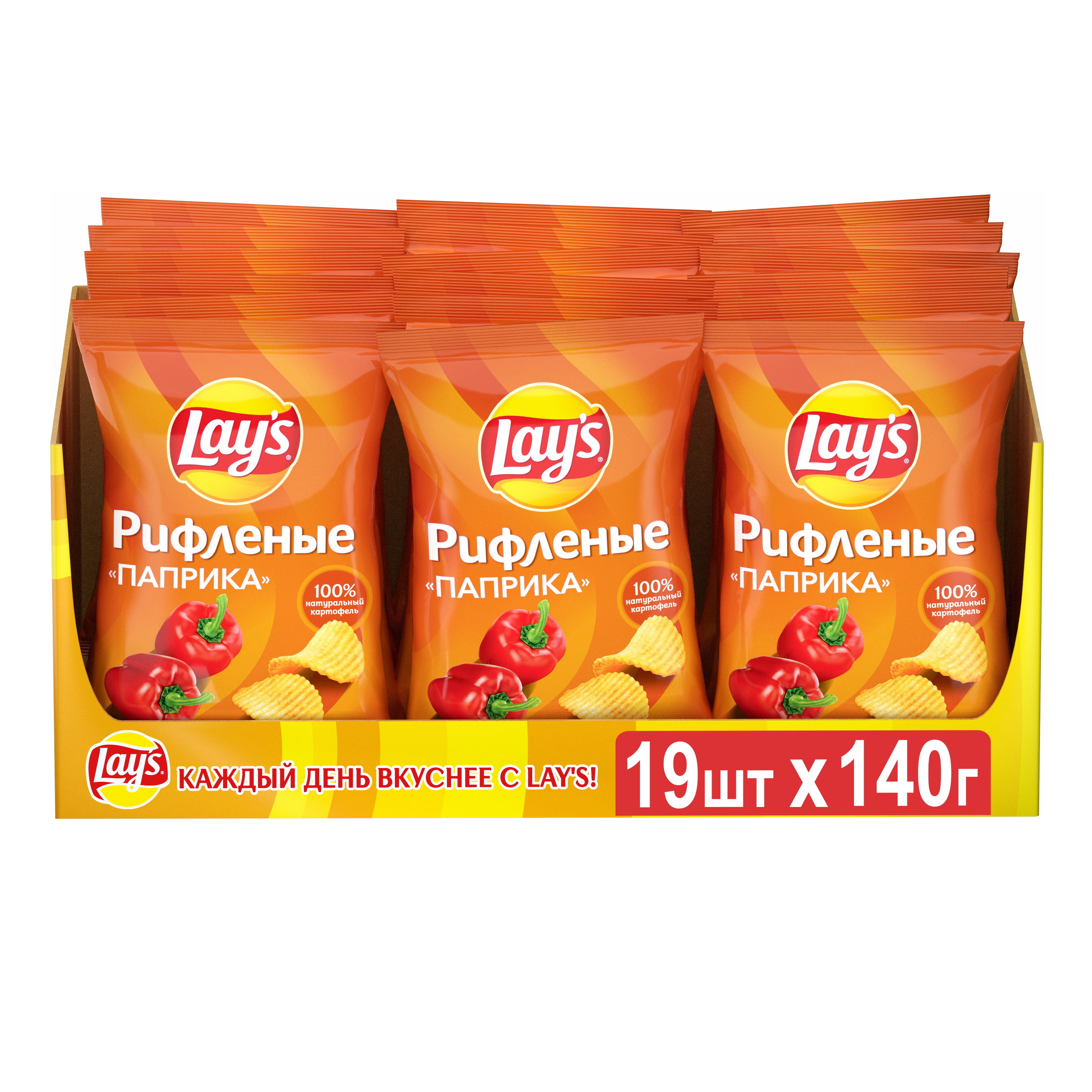 Чипсы картофельные Lays, Рифленые Паприка, Шоубокс, 19шт *140г