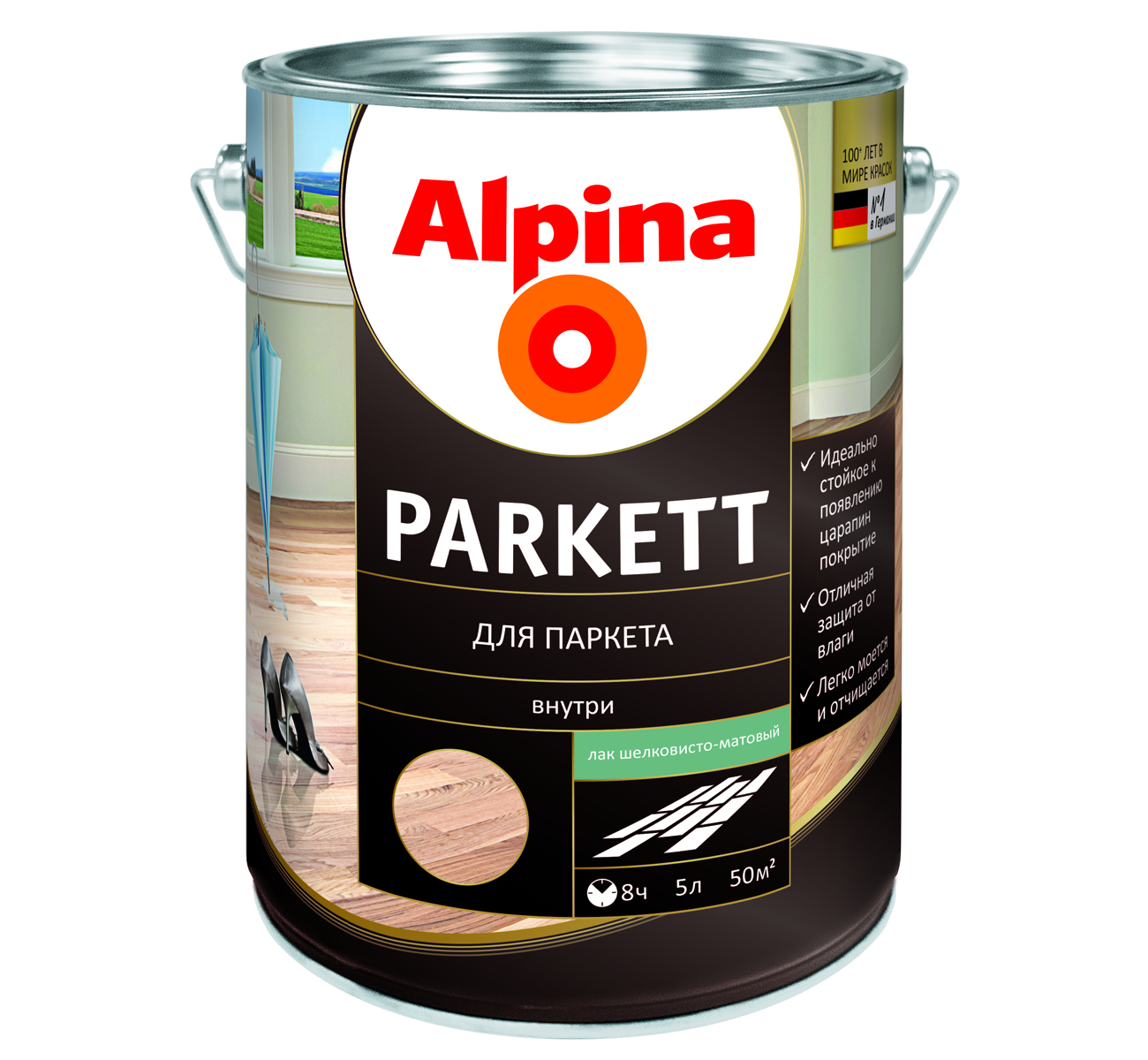 

Лак Alpina Parkett SM для паркета шелковисто-матовый не колеруемый 5 л