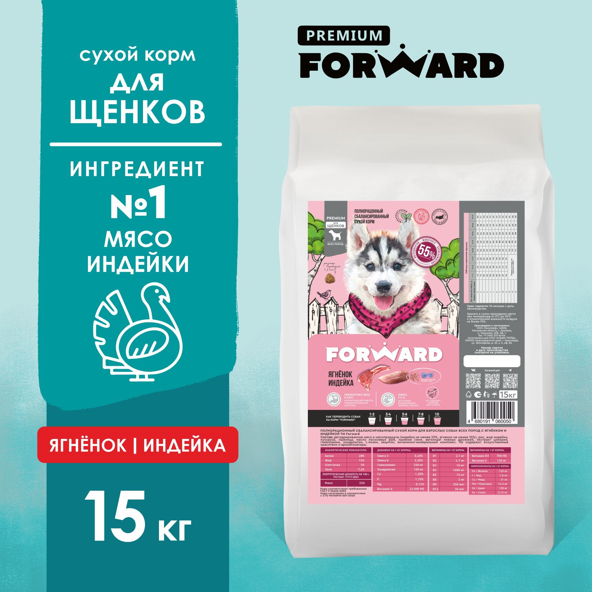 Сухой корм для щенков Forward с ягненком и индейкой, 15 кг