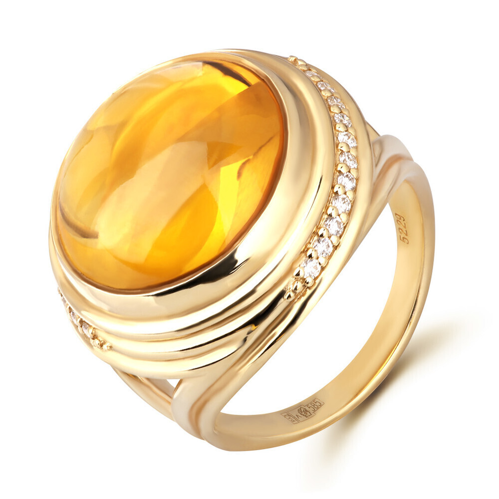фото Перстень из желтого золота с цитрином/бриллиантом р.17,5 русские самоцветы 88658