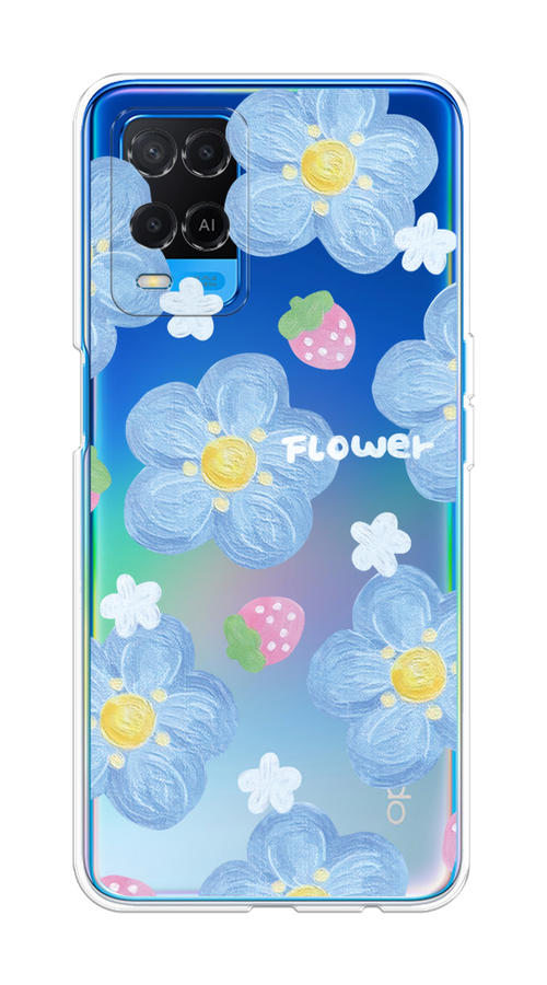 

Чехол на Oppo A54 "Цветы и клубники", Прозрачный;голубой;белый, 256150-1