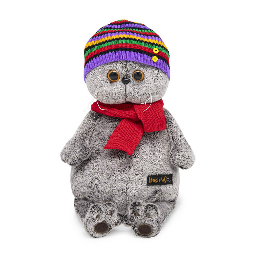 фото Мягкая игрушка budi basa кот басик в полосатой шапке с шарфом, 30 см