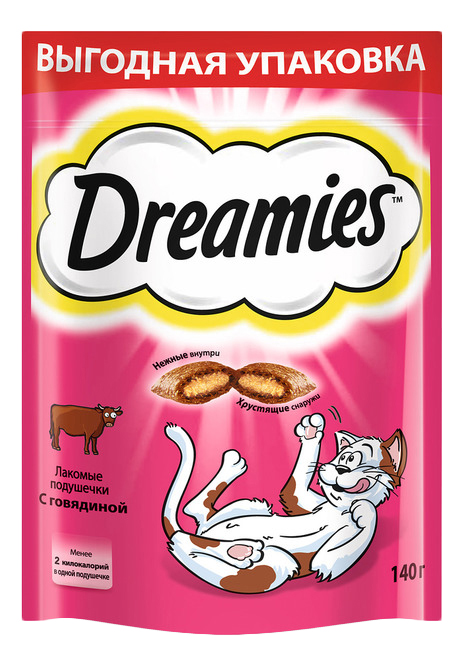 фото Лакомство для кошек dreamies лакомые подушечки с говядиной, 12 шт по 140г