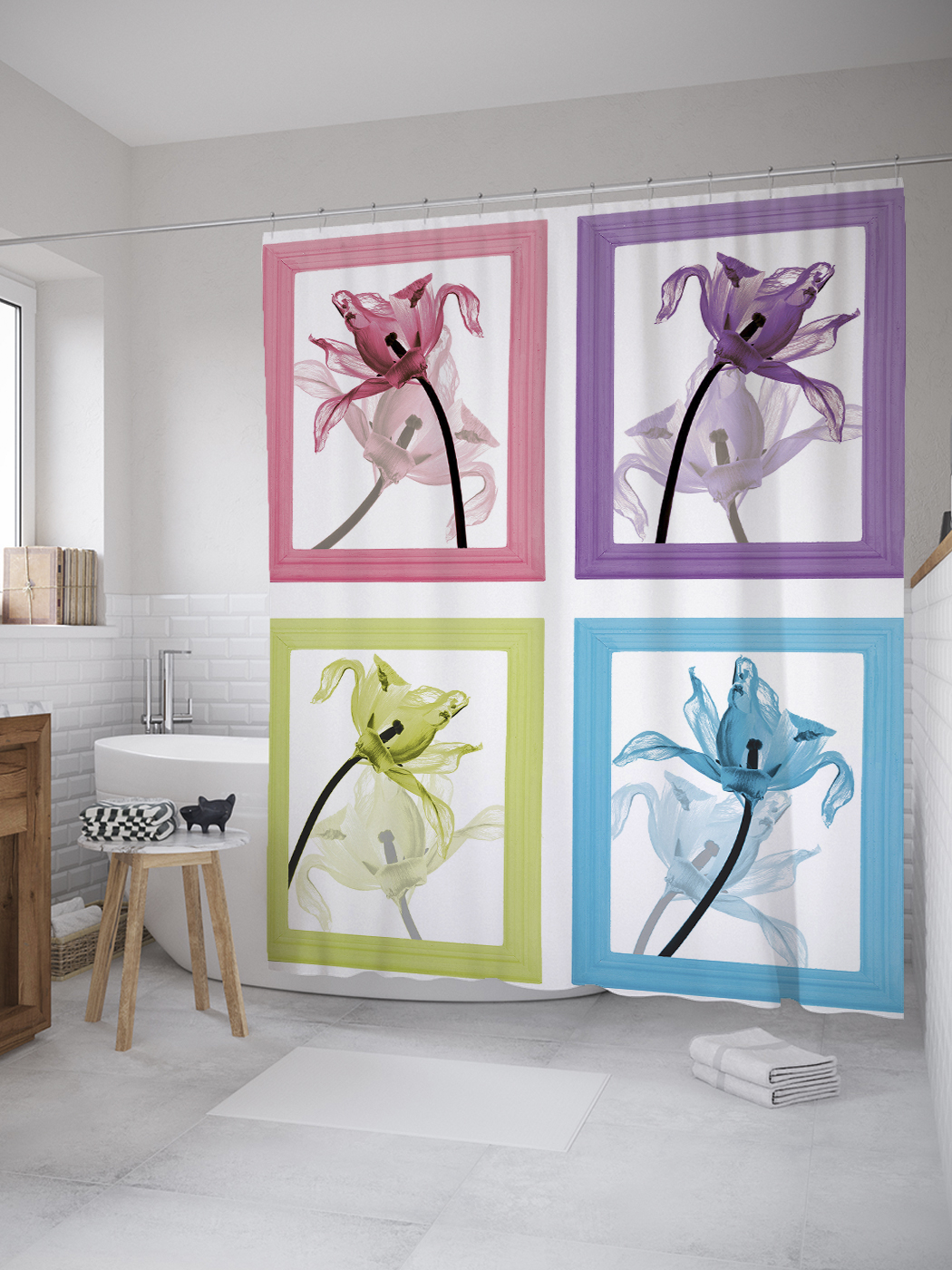 

JoyArty Штора (занавеска) для ванной «Цветочные картины» из ткани, 180х200 см с крючками, Розовый;голубой;зеленый