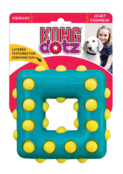 Жевательная игрушка для собак KONG Dotz квадрат малый, голубой, желтый, длина 9 см