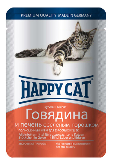 фото Влажный корм для кошек happy cat, с говядиной, печенью и горошком, 22шт по 100г