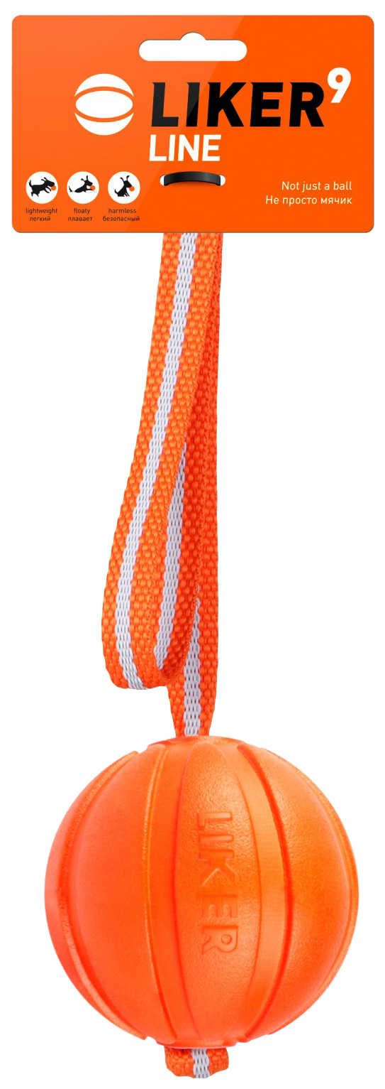 фото Мячик на ленте для собак крупных пород liker line, оранжевый, 9 см