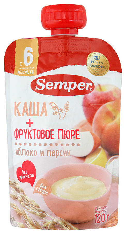 Пюре фруктовое Semper Яблочно- персиковое с кашей c 6 мес. 120 г, 1 шт.