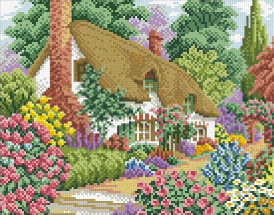 

Алмазная вышивка Паутинка Домик в цветах, 32x25 см, Домик в цветах