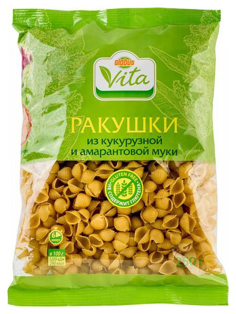 

Макаронные изделия Глобус Вита ракушки из кукурузной и амарантовой муки 250 г