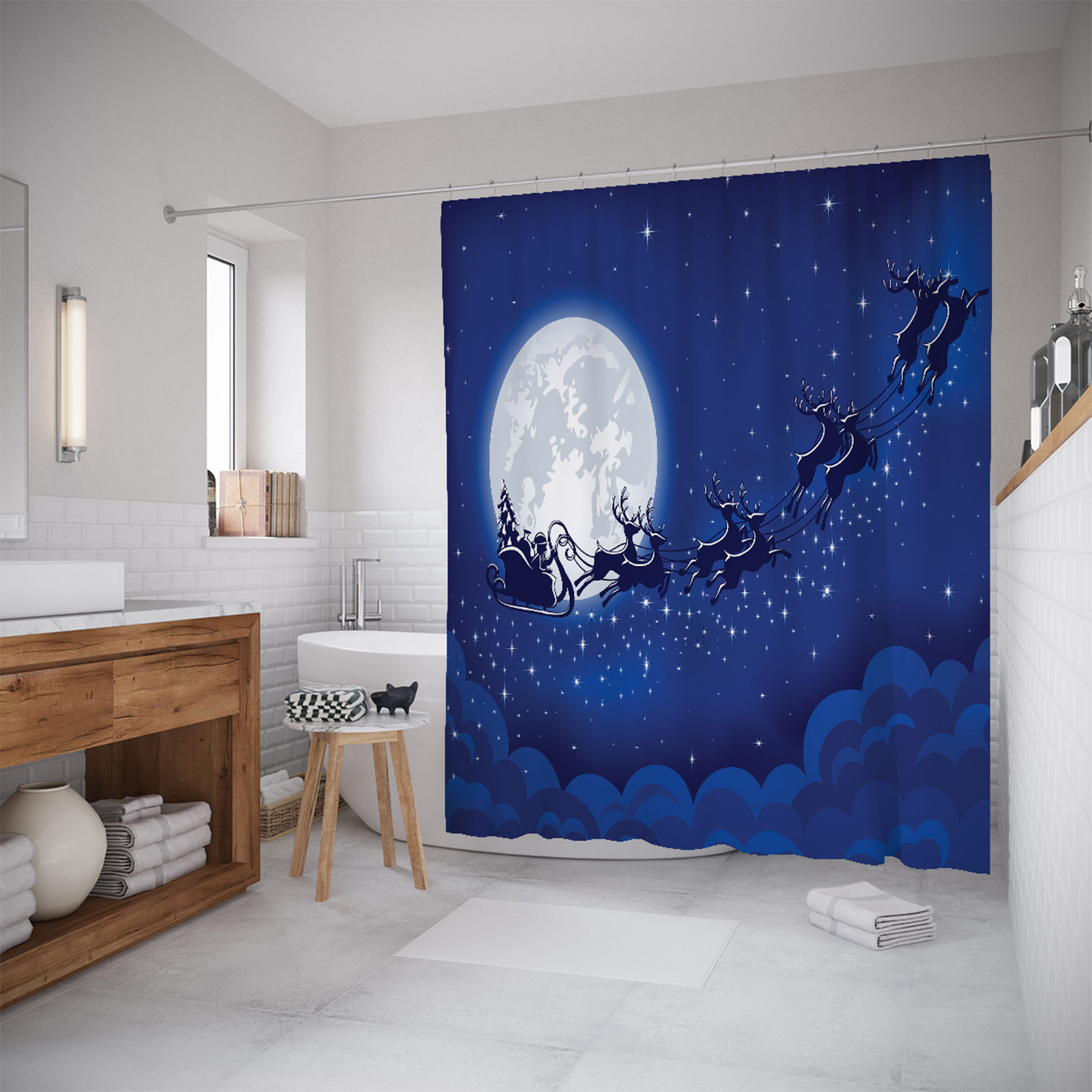 

Шторы для ванной JoyArty «Санта пролетает у луны» 180x200, Синий