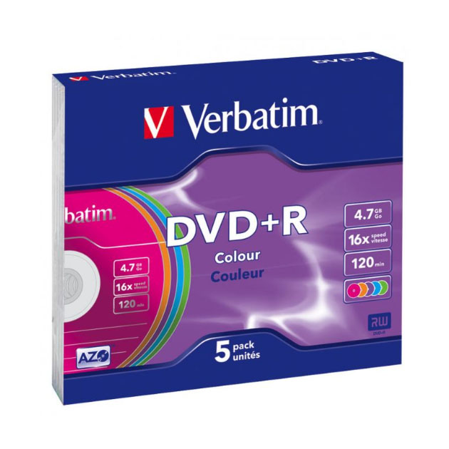 

Диск DVD+R 4,7ГБ 16x Verbatim "43556", Slim, цветные (5шт,/уп,), 43556