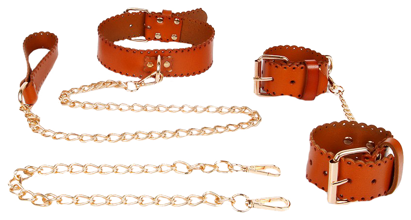 фото Изысканный кожаный набор с золотистыми цепочками: наручники, ошейник с поводком bior toys