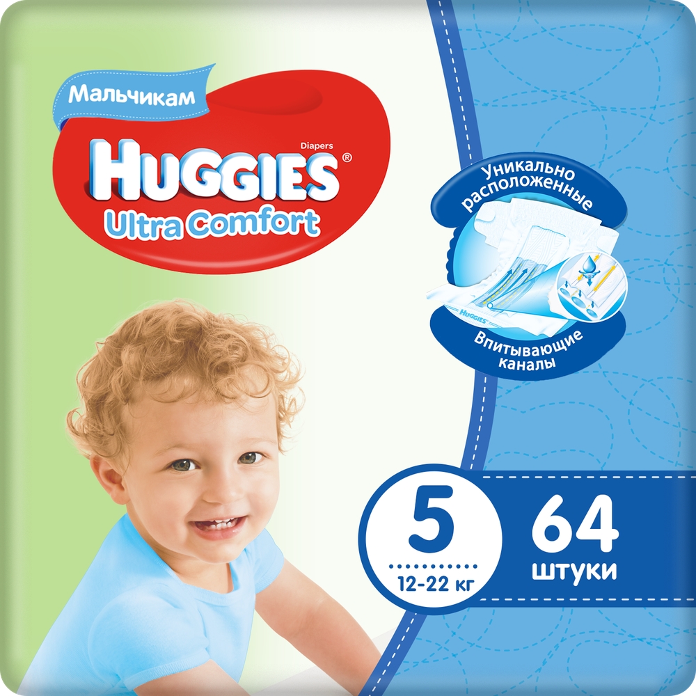 фото Подгузники huggies ultra comfort для мальчиков 5 (12-22 кг), 64 шт.