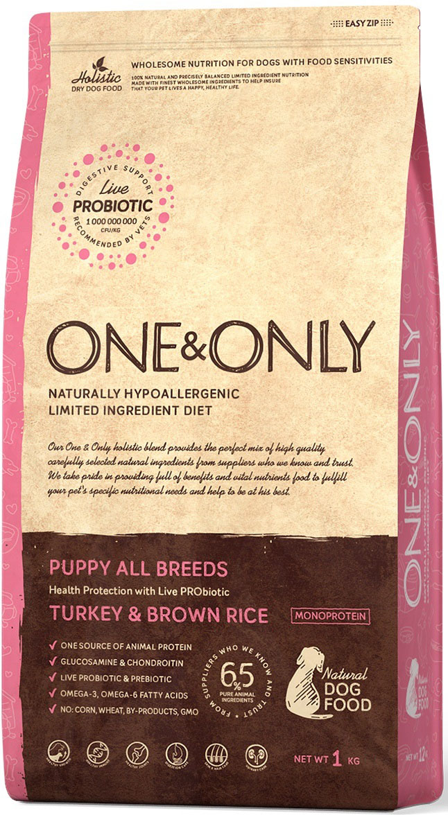 фото Сухой корм для щенков one&only puppy all breeds turkey&rice, индейка с рисом, 1кг