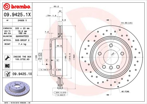 фото Тормозной диск brembo 09.9425.1x