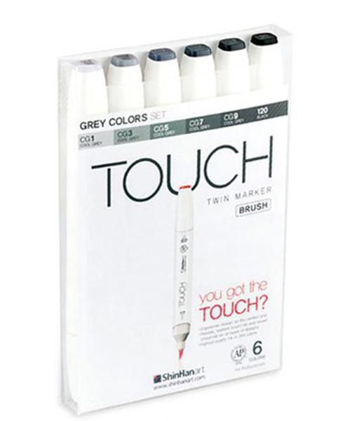 фото Набор двухсторонних спиртовых маркеров brush touch twin 6 шт серые тона серый; черный