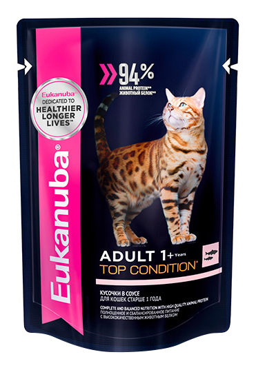 фото Влажный корм для кошек eukanuba adult top condition, с лососем в соусе, 85г