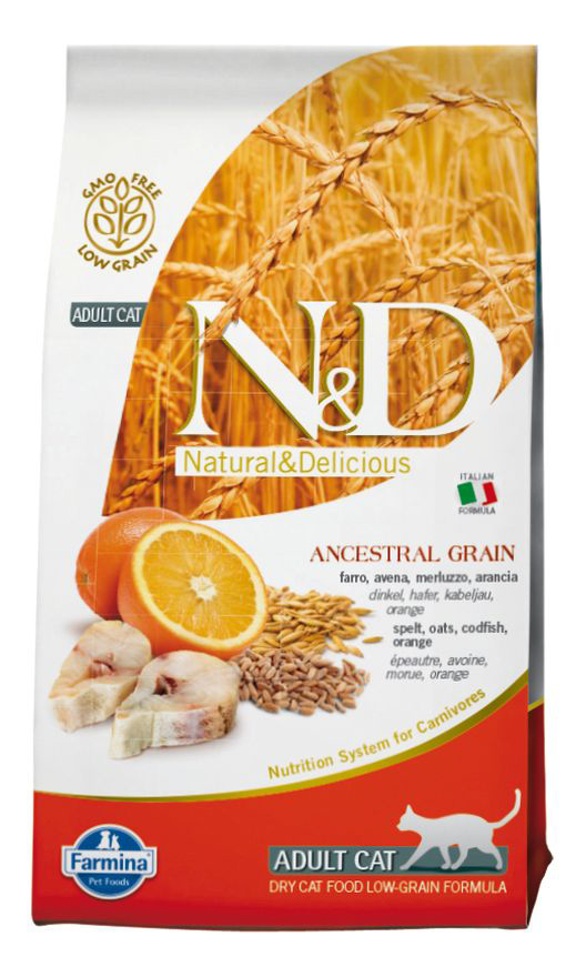 

Сухой корм для кошек Farmina N&D, низкозерновой, треска и апельсин, 5кг, Natural&Delicios