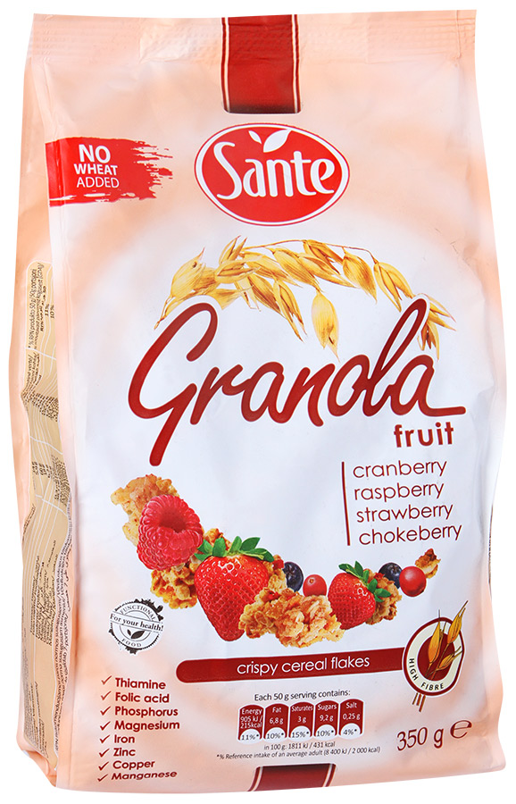 фото Хлопья sante granola хрустящие злаковые с клюквой-малиной-клубникой 350 г