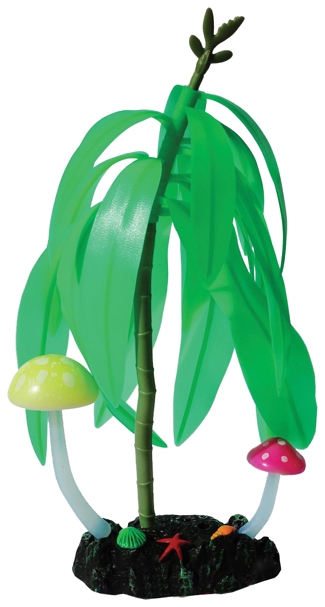фото Декорация для аквариума jelly-fish дерево с грибами, силикон светяшийся зеленый, 14х7х21см