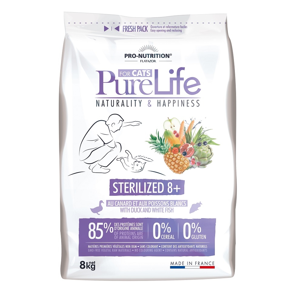 Сухой корм для кошек Flatazor Pure Life Sterilized 8+, для пожилых, утка, рыба, 2кг