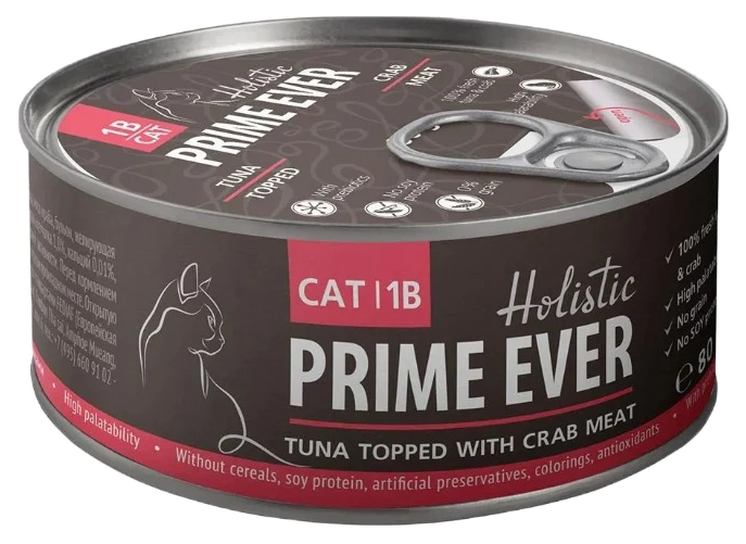 Консервы для кошек Prime Ever 1B, с тунцом с крабом в желе, 80г