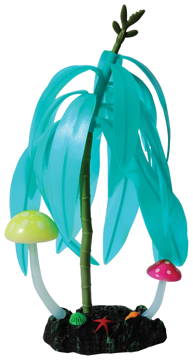 фото Декорация для аквариума jelly-fish дерево с грибами, силикон светяшийся голубой, 14х7х21см