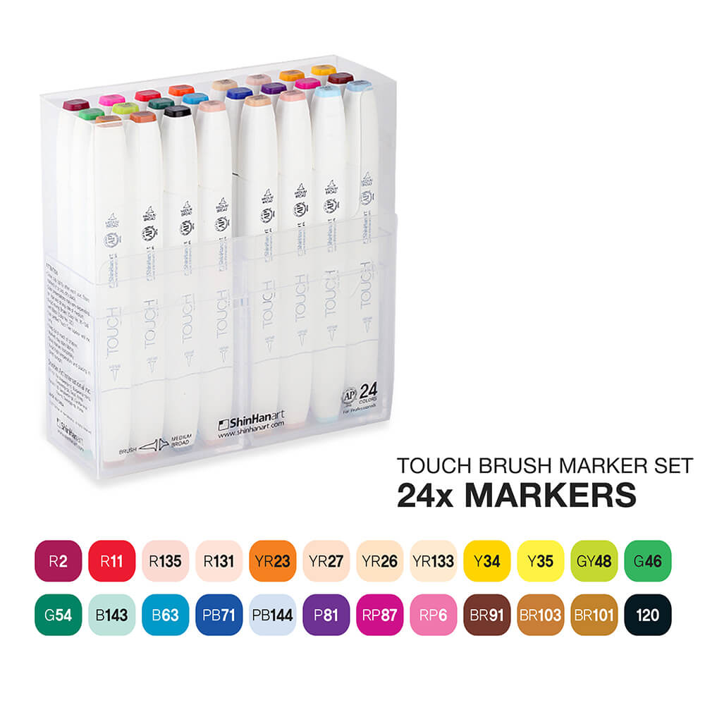 Набор двухсторонних спиртовых маркеров Brush Touch Twin 24шт серый; черный; белый